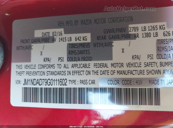 JM1NDAD79G0111602 2016 MAZDA MX-5 MIATA Red ძრავის განყოფილების ხედი