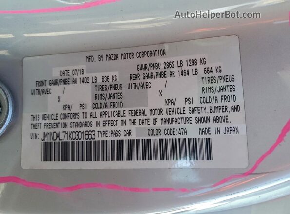 JM1NDAL71K0301663 2019 MAZDA MX-5 Silver ძრავის განყოფილების ხედი