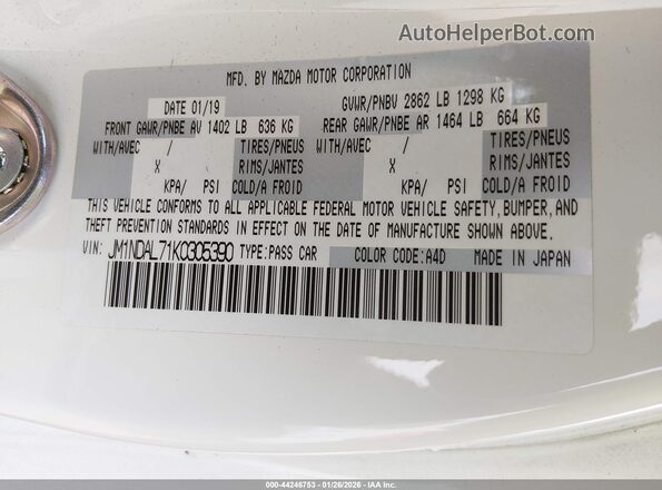 JM1NDAL71K0305390 2019 MAZDA MX-5 MIATA RF White Widok komory silnika