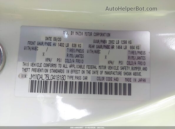 JM1NDAL75L0418180 2020 MAZDA MX-5 MIATA RF White Вид підкапотного простору