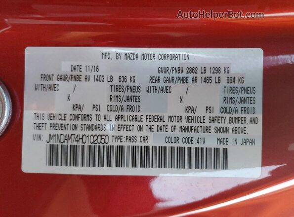 JM1NDAM74H0102050 2017 MAZDA MX-5 Red Vista del compartimento del motor