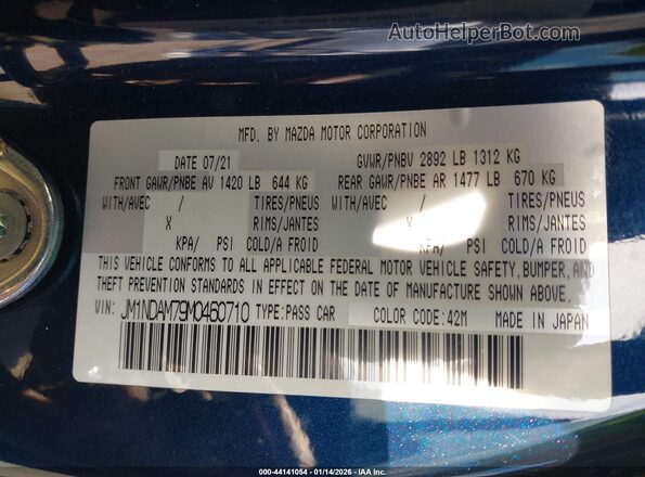 JM1NDAM79M0460710 2021 MAZDA MX-5 MIATA RF Blue Вид підкапотного простору