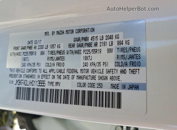 JM3KFADLXH0113555 2017 MAZDA CX-5 White Widok naklejki z numerem VIN