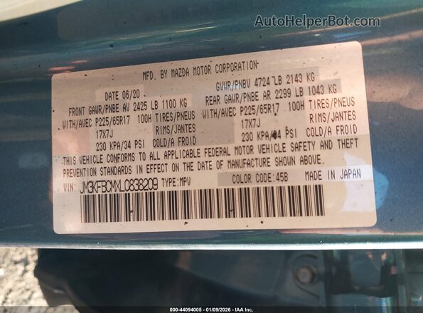 JM3KFBCMXL0838209 2020 MAZDA CX-5 Blue ძრავის განყოფილების ხედი