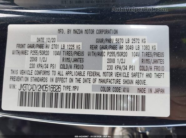 JM3TCADY2M0516626 2021 MAZDA CX-9 Black Vista del compartimento del motor