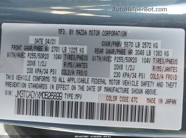 JM3TCADYXM0526899 2021 MAZDA CX-9 Gray Engine compartment view