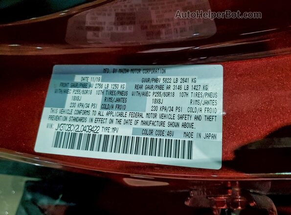 JM3TCBCY2L0409422 2020 MAZDA CX-9 Red VIN sticker view