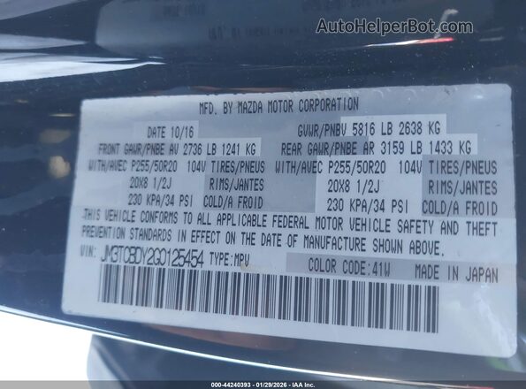 JM3TCBDY2G0125454 2016 MAZDA CX-9 Black Tył prawy