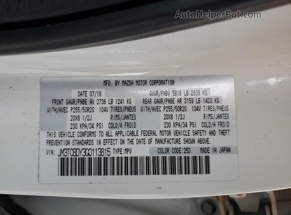 JM3TCBDY3G0113815 2016 MAZDA CX-9 White Widok naklejki z numerem VIN