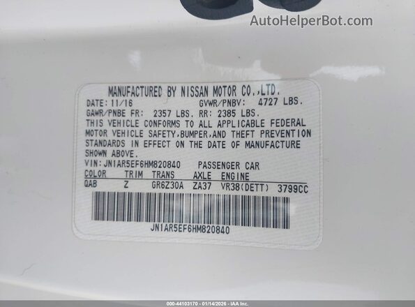 JN1AR5EF6HM820840 2017 NISSAN GT-R White Շարժիչի բաժամունքի տեսք