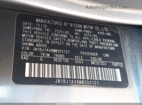 JN1BJ1AV8MW303121 2021 NISSAN ROGUE Gray Widok komory silnika