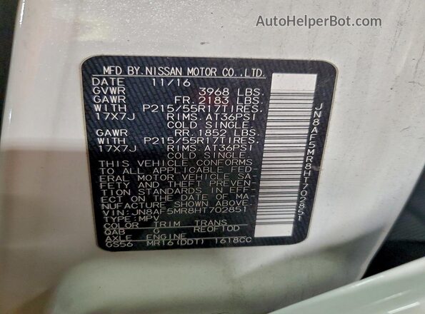 JN8AF5MR8HT702851 2017 NISSAN JUKE White 
