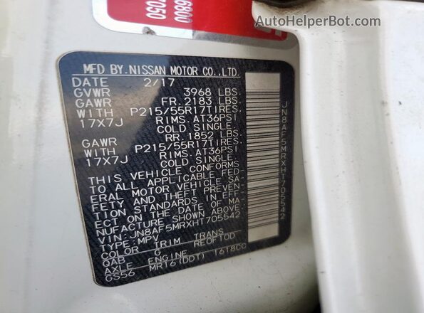 JN8AF5MRXHT705542 2017 NISSAN JUKE White 