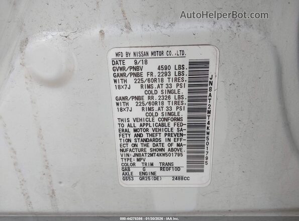 JN8AT2MT4KW501795 2019 NISSAN ROGUE White 