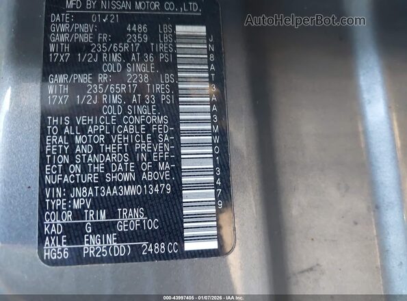 JN8AT3AA3MW013479 2021 NISSAN ROGUE Gray Vista del compartimento del motor
