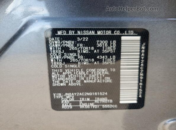 JN8AY2AC2N9161524 2022 NISSAN ARMADA Gray VIN sticker view