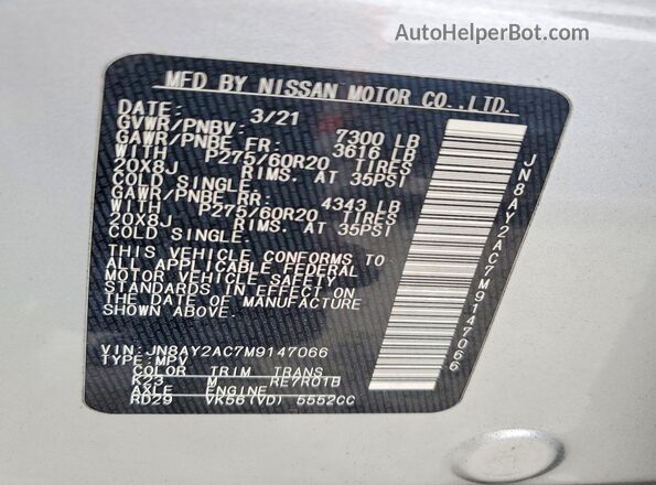JN8AY2AC7M9147066 2021 NISSAN ARMADA Silver VIN կոդի պիտակի տեսք
