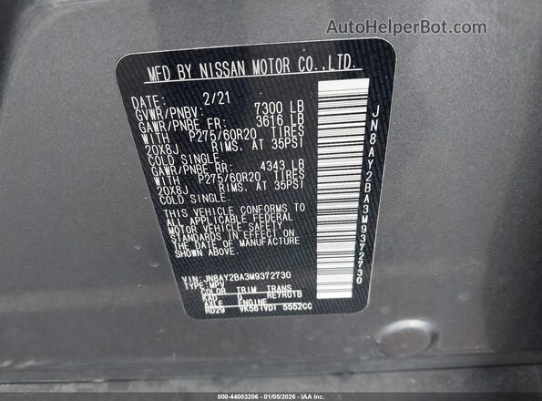 JN8AY2BA3M9372730 2021 NISSAN ARMADA Gray Շարժիչի բաժամունքի տեսք
