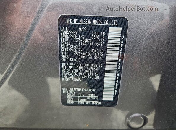 JN8AY2BA4P9400667 2023 NISSAN ARMADA Серый Вид наклейки с VIN-кодом