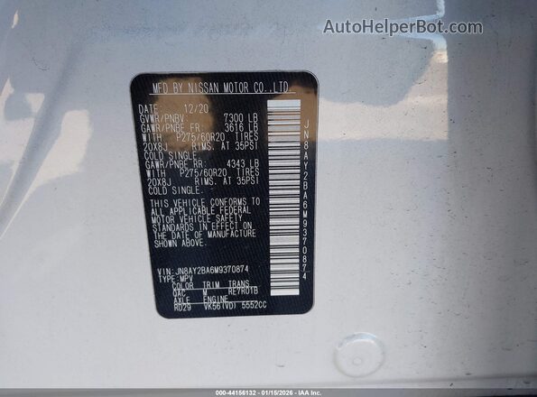 JN8AY2BA6M9370874 2021 NISSAN ARMADA White Vista del compartimento del motor