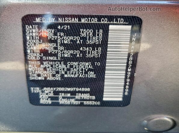 JN8AY2BB2M9794898 2021 NISSAN ARMADA Gray Панорамний вид салону 360°
