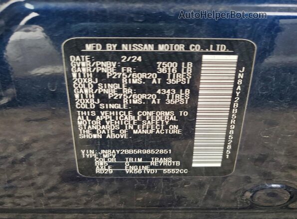 JN8AY2BB5R9852851 2024 NISSAN ARMADA Blue Widok naklejki z numerem VIN
