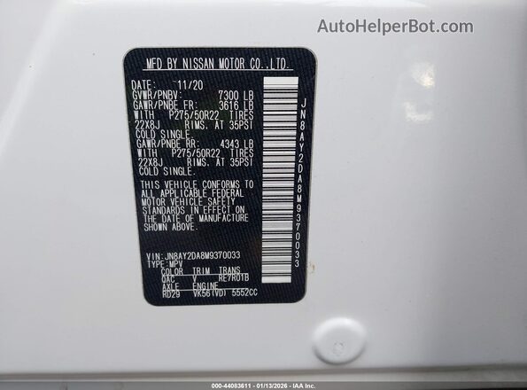 JN8AY2DA8M9370033 2021 NISSAN ARMADA White 