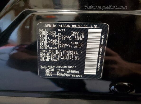 JN8AY2DB2N9810502 2022 NISSAN ARMADA Черный Вид наклейки с VIN-кодом