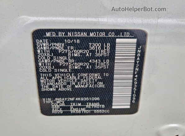 JN8AY2NF4K9351096 2019 NISSAN ARMADA White Widok naklejki z numerem VIN