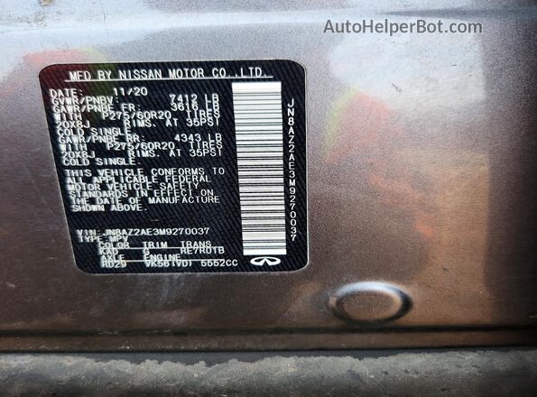 JN8AZ2AE3M9270037 2021 INFINITI QX80 Gray Vista de la etiqueta del VIN