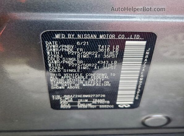 JN8AZ2AE8M9273726 2021 INFINITI QX80 Gray Вид наклейки з VIN-кодом