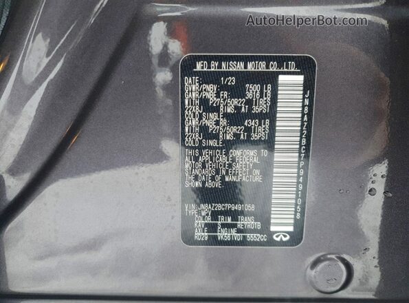 JN8AZ2BC7P9491058 2023 INFINITI QX80 Charcoal Вид наклейки з VIN-кодом