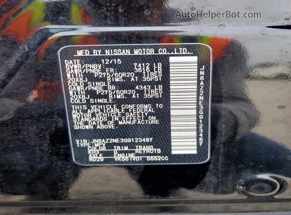 JN8AZ2NE3G9123487 2016 INFINITI QX80 Black Widok naklejki z numerem VIN