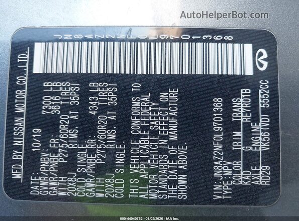 JN8AZ2NF0L9701368 2020 INFINITI QX80 Gray Engine compartment view