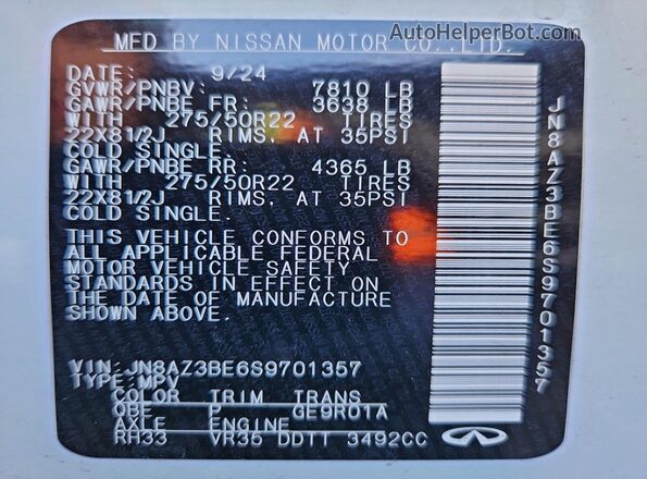 JN8AZ3BE6S9701357 2025 INFINITI QX80 Белый Вид наклейки с VIN-кодом
