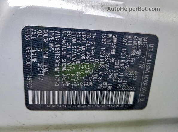 JN8BT3DCXNW117793 2022 NISSAN ROGUE White Вид наклейки з VIN-кодом