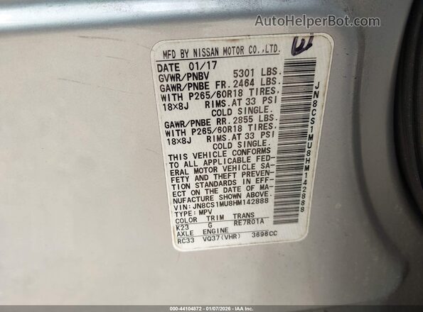 JN8CS1MU8HM142888 2017 INFINITI QX70 Silver Вид підкапотного простору