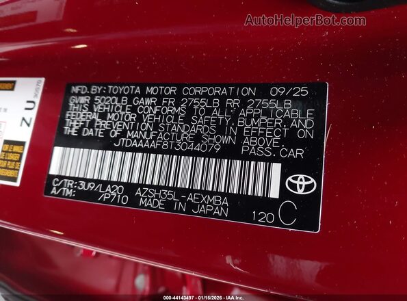 JTDAAAAF8T3044079 2026 TOYOTA LE Red Widok komory silnika
