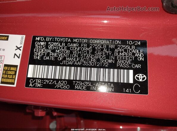 JTDAFAAF3S3012172 2025 TOYOTA CROWN Burgundy Շարժիչի բաժամունքի տեսք