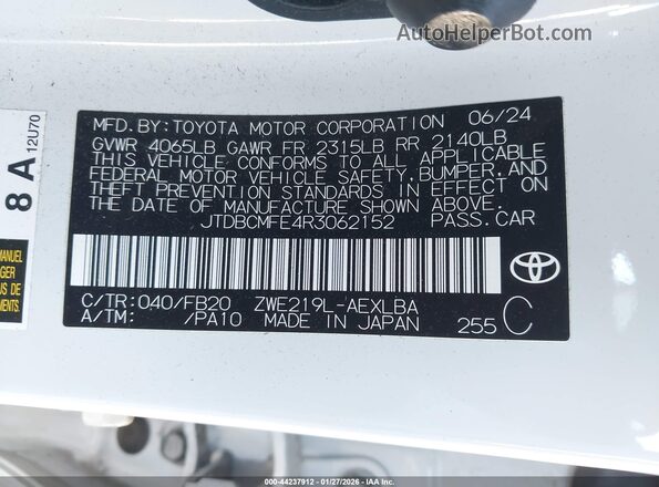 JTDBCMFE4R3062152 2024 TOYOTA LL White Widok komory silnika
