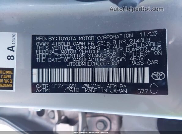 JTDBDMHE0RJ007008 2024 TOYOTA LL Silver Vista del compartimento del motor