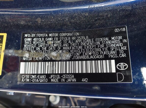 JTDBVRBD8JA004081 2018 TOYOTA MIRAI Blue Շարժիչի բաժամունքի տեսք