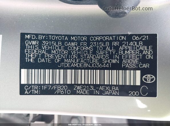 JTDEAMDE8NJ036441 2022 TOYOTA LL Silver ძრავის განყოფილების ხედი