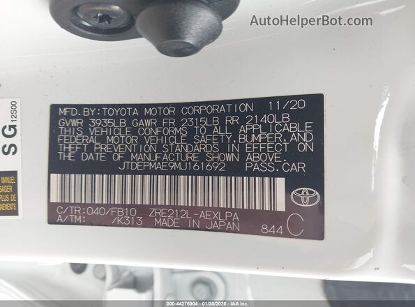 JTDEPMAE9MJ161692 2021 TOYOTA LL White ძრავის განყოფილების ხედი