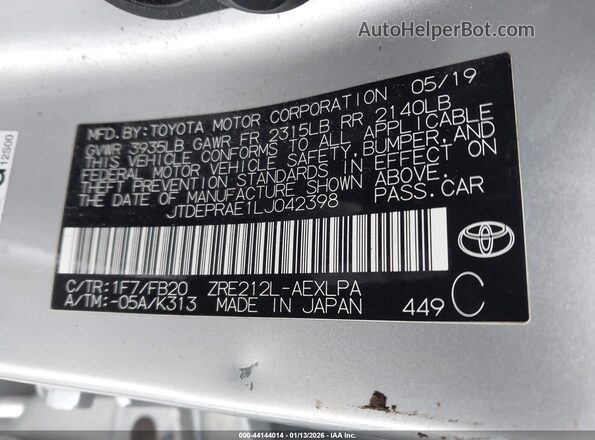JTDEPRAE1LJ042398 2020 TOYOTA LL Silver Engine compartment view