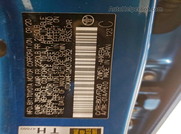 JTDKAMFU2M3135752 2021 TOYOTA PRIUS Синий Вид наклейки с VIN-кодом