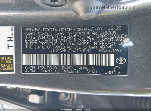JTDKAMFU2N3173581 2022 TOYOTA LE Gray Շարժիչի բաժամունքի տեսք