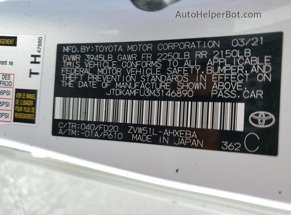 JTDKAMFU3M3146890 2021 TOYOTA PRIUS White Widok komory silnika