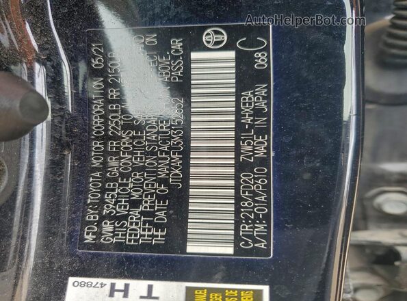 JTDKAMFU3M3152852 2021 TOYOTA PRIUS Black Вид підкапотного простору