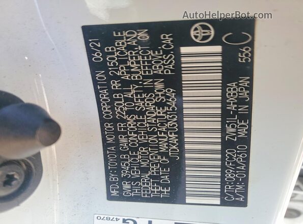 JTDKAMFU3N3154649 2022 TOYOTA PRIUS White VIN კოდის სტიკერის ხედი
